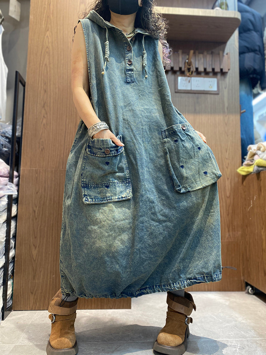 Women Spring Vintage Pure Color Denim Hooded Vest Dress