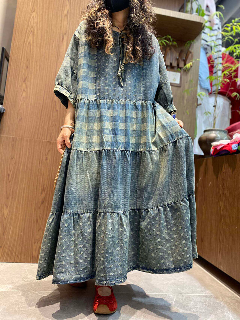 Women Summer Vintage Patchwork O-Neck Denim Maxi Dress – BUYKUD